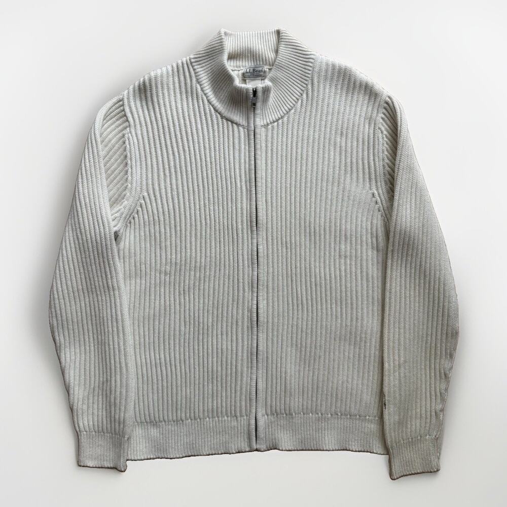 Vintage LL Bean Cotton Ribbed Full Zip Cardigan Large Cream Heavy Sweater